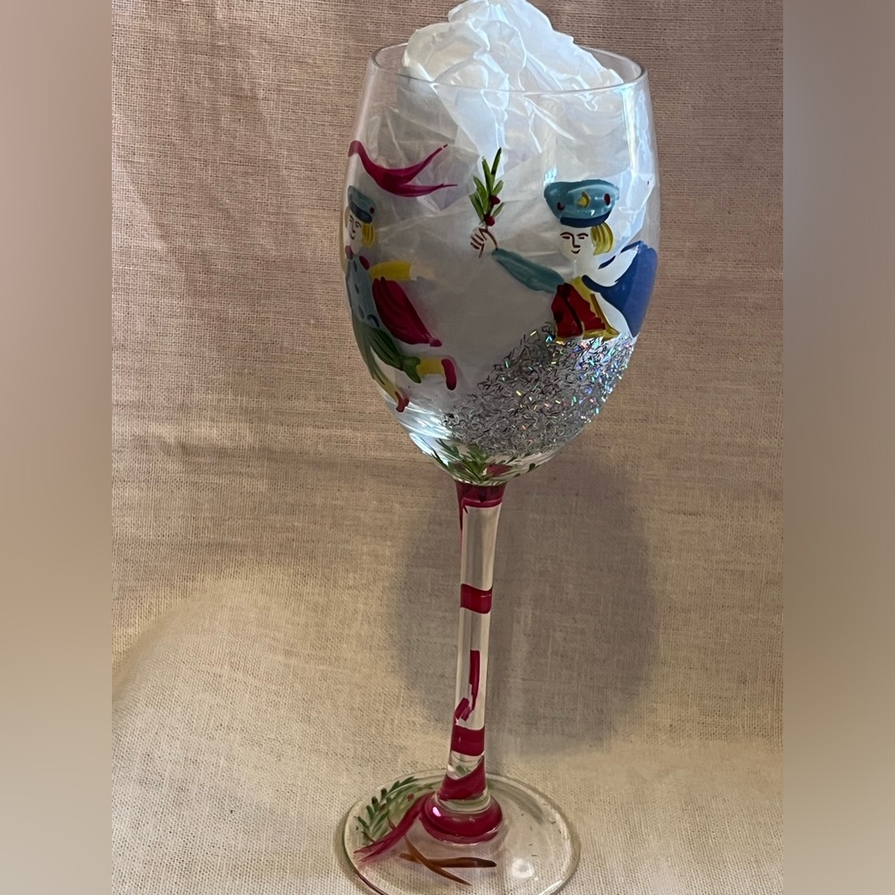 Lords a Leaping Hand Painted Wine Glass.